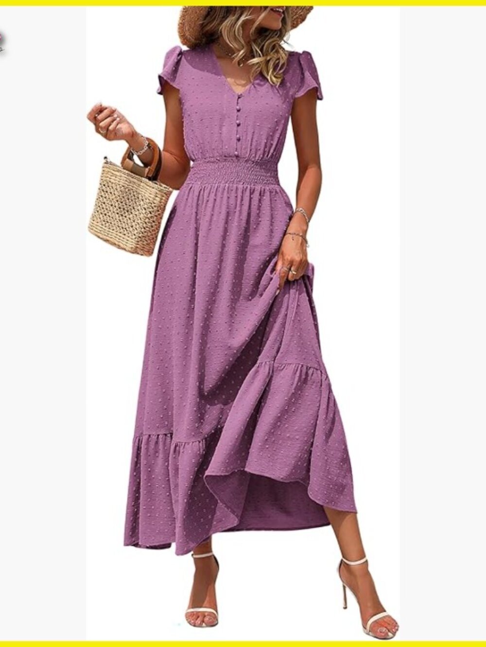 Boho Maxi Dress Swiss Dot Smocked Waist V Neck Short Sleeve Flowy Summer